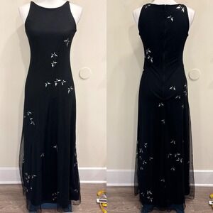 VTG 90s Night Way Black Glitter Butterfly Mesh Maxi Dress Prom Witchy Goth XS